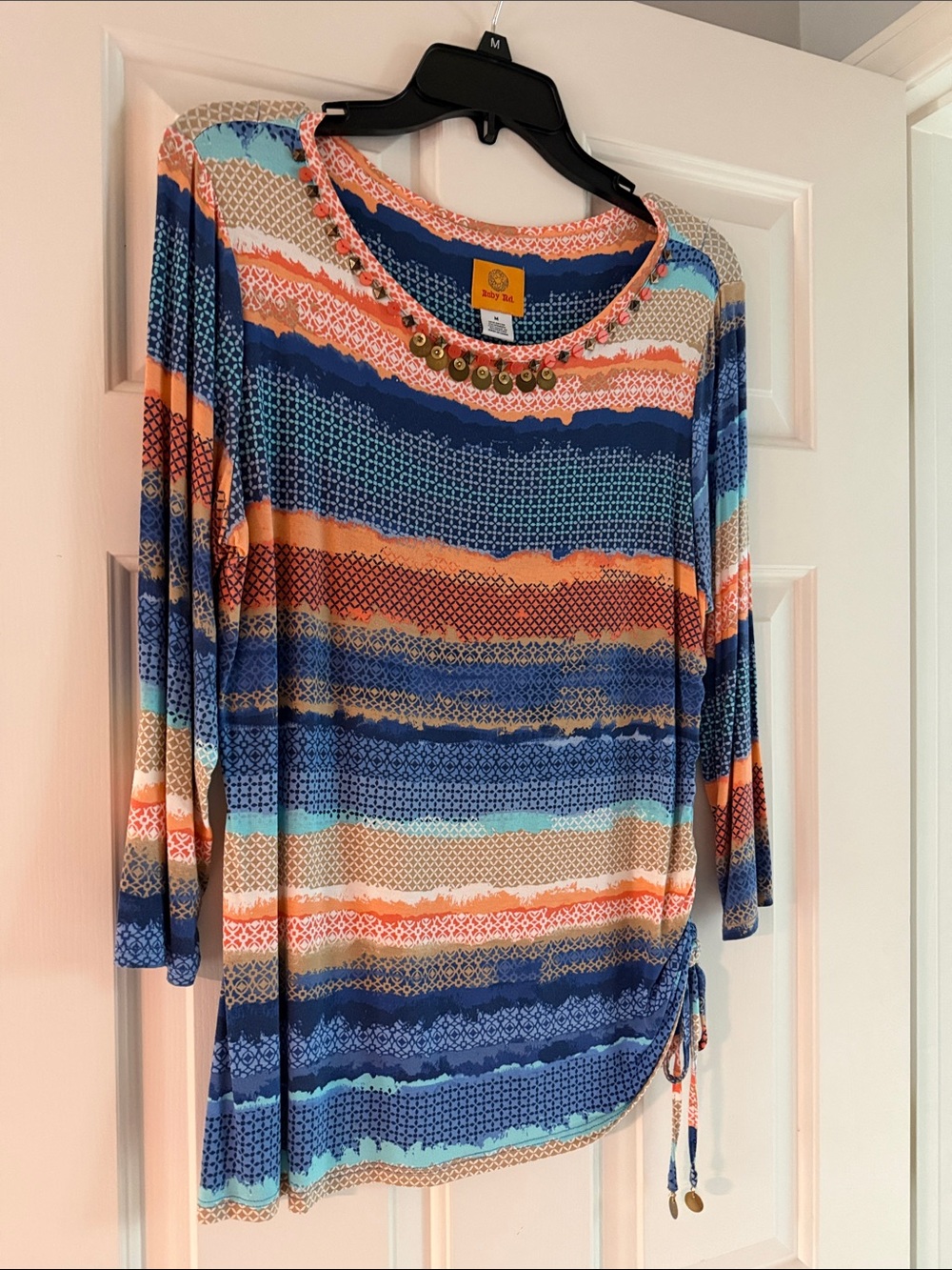 Ruby Rd. Blue Multi-Stripe Scoop Neck Tunic with Metal Discs